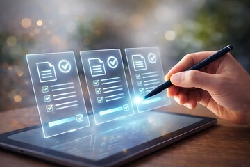 Digital document management and online survey concept with person using a stylus on a tablet screen to fill checklists.