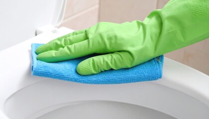 Hand in green rubber glove cleaning a white toilet seat with a blue microfiber cloth in a bathroom