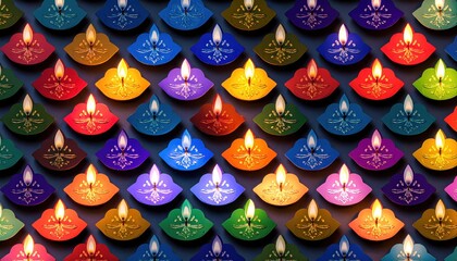 Vibrant colorful lit Diwali lamps (diyas) in a symmetric pattern, celebrating the Hindu festival of lights.