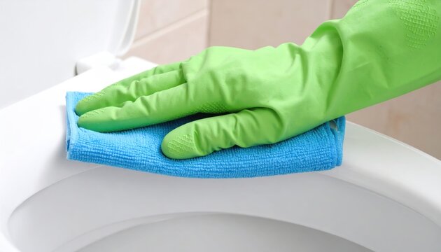 Hand in green rubber glove cleaning a white toilet seat with a blue microfiber cloth in a bathroom