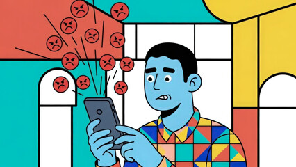 Colorful illustration of a man receiving angry emoji notifications on his phone, symbolizing cyberbullying, rage bait, and digital harassment.