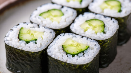 Macro shot of cucumber maki sushi rolls (Kappamaki) with seaweed and rice, showcasing freshness, simplicity, and healthy Japanese cuisine.