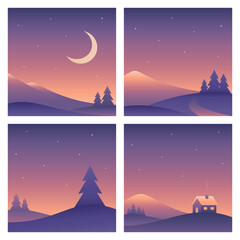 four square minimalistic landscape illustrations. Mountains, hills and house. Vector gradient images in purple colors