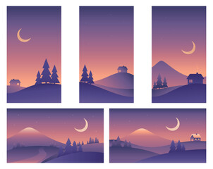 Minimalistic night landscape illustrations different sizes in purple colors. Mountains and hills. Vector gradient images
