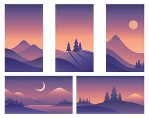 Minimalistic landscape illustrations different sizes in purple colors. Mountains, hills and fir trees. Vector gradient images