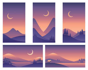 Minimalistic night landscape illustrations different sizes in purple colors. Mountains, hills and lake. Vector gradient images