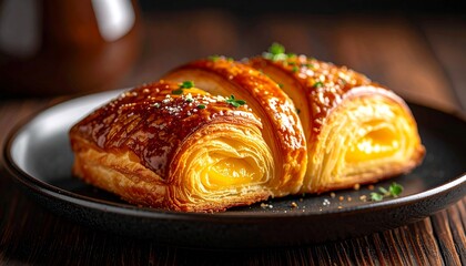 A golden, flaky pastry filled with a delicious cream served on a dark plate 