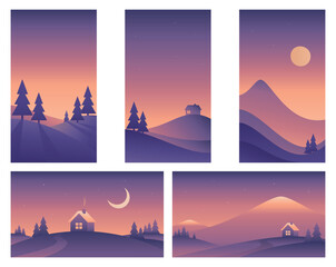 Minimalistic landscape illustrations different sizes in purple colors. Mountains, hills and house. Vector gradient images