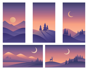 Minimalistic night landscape illustrations different sizes in purple colors. Mountains, hills and moon. Vector gradient images