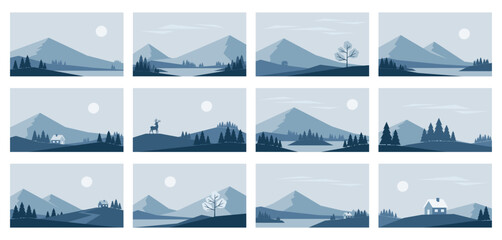 Set of Minimalistic winter landscapes Nordic style. Vector illustrations in blue colors