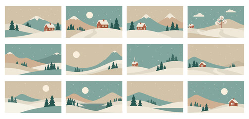 Minimalistic winter mountains landscape set. Vector abstract nature illustrations in Scandinavian style