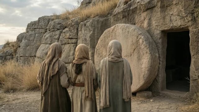 Women led by Mary Magdalene walk to the empty tomb of Jesus at sunrise, finding the stone rolled away. An AI-generated motion background symbolizing the resurrection for Easter and 'He is Risen'