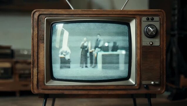 Ultra HD 4K close up footage of vintage 1950s television set powering on screen filling with analog static noise nostalgic broadcast interference slow zoom effect classic retro technology 