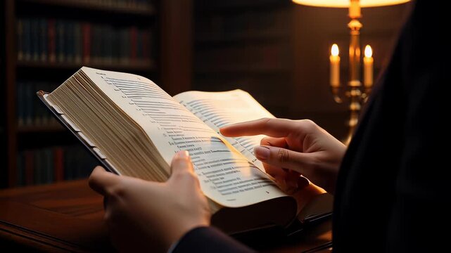 Close up of female hands reading an open book in a warm candlelit library, illustrating education, wisdom, and history concepts