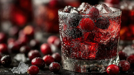 Glass of mixed berries with ice, condensation, surrounded by scattered berries.