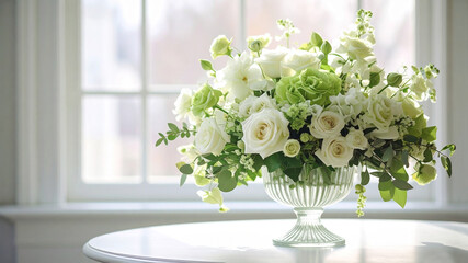 ペールグリーンとホワイトのばらのフラワーアレンジメント