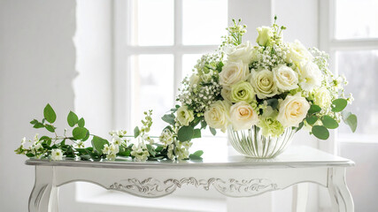 ペールグリーンとホワイトのばらのフラワーアレンジメント