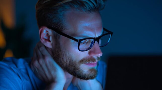 Man with glasses feeling neck pain while working late on computer