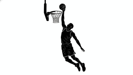 Black Silhouette of a Professional Basketball Player Performing a Slam Dunk with Hoop for Sports Branding and Athletic Apparel Design © Tharusha
