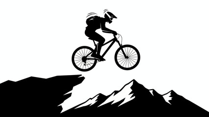 Extreme Mountain Biker Silhouette Jumping Over Rocky Cliff with Mountain Range Background © Tharusha