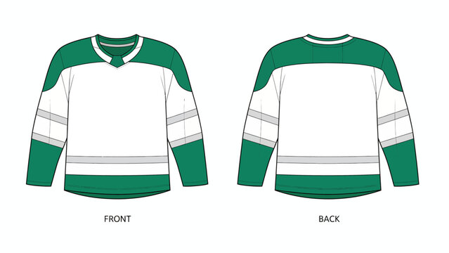 Green and White Hockey Jersey Vector Mockup with Front and Back Views for Team Uniform Tech Pack Design