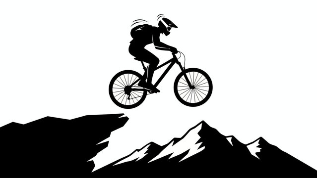 Extreme Mountain Biker Silhouette Jumping Over Rocky Cliff with Mountain Range Background