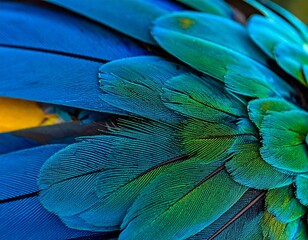 Obraz premium Vibrant Wings: An extraordinary macro shot showcases the intricate beauty of a parrot's plumage, revealing a mesmerizing cascade of brilliant colors and textures. 