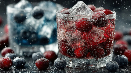 Glass filled with ice and mixed berries, surrounded by more berries and ice cubes.