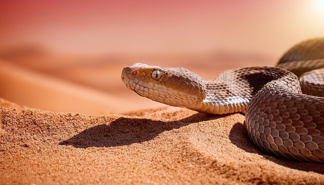 Close Up Of Horned Viper Snake Slithering Across Sand In Desert Environment