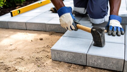 Paver Installation: Worker Leveling Concrete Block with Hammer