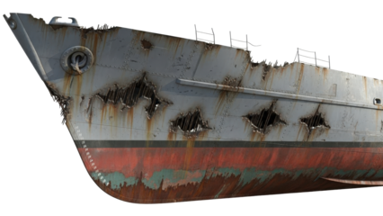 Rusty old ship bow with red hull isolated on transparent background