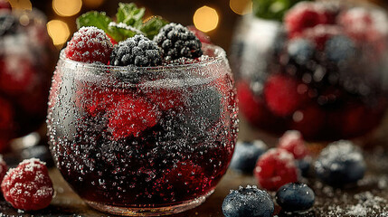 Glass bowl filled with mixed berries, frosted with sugar, on a wooden surface.