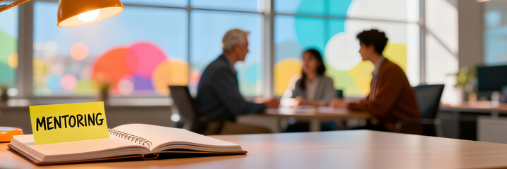 Open notebook with mentoring sticky note on a desk. Professional coaching and career development concept. Blurred office meeting in background with diverse team