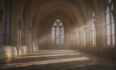Obraz premium Sunlight streaming through stained glass windows in a cathedral.