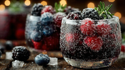 Glasses filled with sparkling berry drinks garnished with fresh herbs.