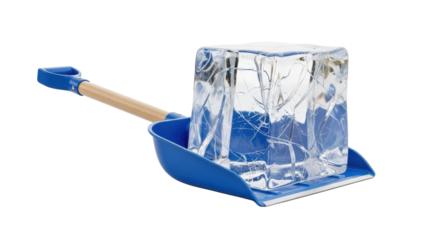 Large block of ice in blue dustpan with shovel on transparent background isolated