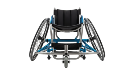 Modern wheelchair with blue frame and black seat isolated on transparent background