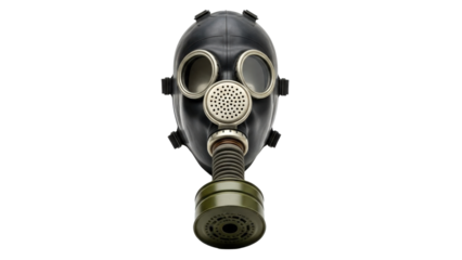 Black gas mask with double filter on transparent background isolated