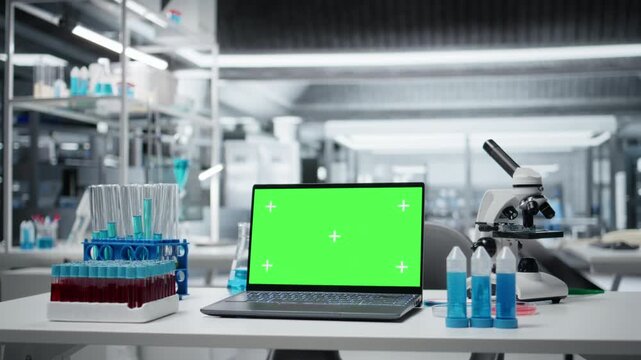 Isolated screen laptop on lab workbench next to microscope and liquid samples. Chroma key notebook on research station prepared for analyzing experimental data from chemical solution tests