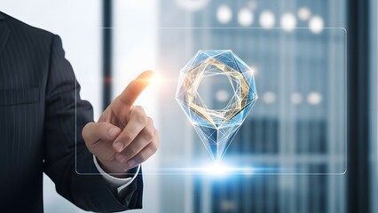 Businessman interacting with futuristic holographic projection of abstract data, symbolizing innovative technology, digital transformation, and advanced business solutions