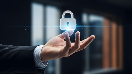 Digital Security and Data Protection Concept with a Hand Holding a Glowing Padlock Icon