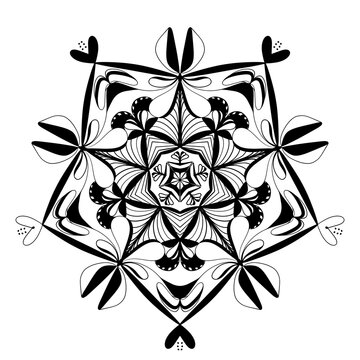 Mandala floral em preto e branco com centro estrelado, p&eacute;talas estilizadas e moldura em losango curvo, linhas finas delicadas sobre fundo branco. Ideal para decora&ccedil;&atilde;o zen, tatuagens e vetores