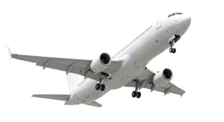 transparent commercial passenger jetliner banking upward, showing extended landing gear and powerful jet engines, isolated on a seamless transparent studio background. Concept of global air travel