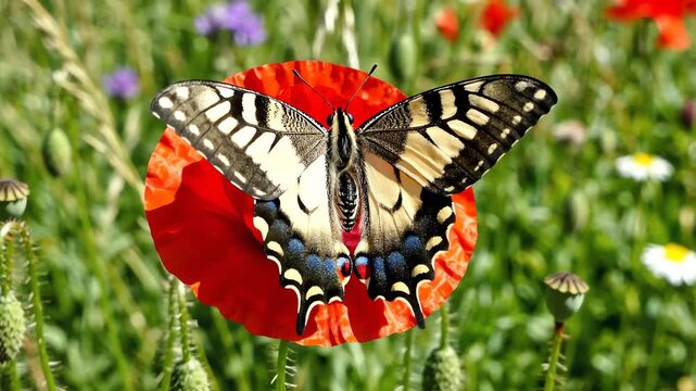Papilio machaon Resting on a Red Poppy Flower in a Meadow with Blurred Green Background Under Sunlight With Open Wings