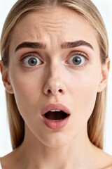 Close-up of a fair-skinned woman with wide eyes and open mouth expressing surprise and disbelief.