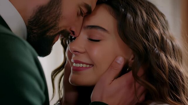 Romantic couple sharing an intimate moment with a tender face touch and forehead connection in a warm cinematic close up, illustrating love and commitment concepts.