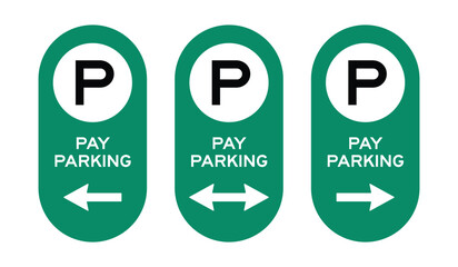 Professional Oval Directional Pay Parking Signs - Green Wayfinding Vector Icons with Navigation Arrows