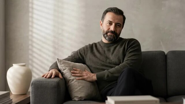 turkish guy. A contemplative man in a cozy living room, dressed in a sweater, gazes thoughtfully out of a window, illuminated by soft, patterned light filtering through shades