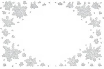 Falling snowflakes creating a white winter border frame with frost and ice crystals on a transparent background