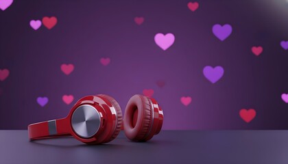 Red wireless headphones on a dark matte surface. In the background are numerous floating hearts in purple, pink, and red shades of various sizes, creating a romantic mood. A clean composition.
